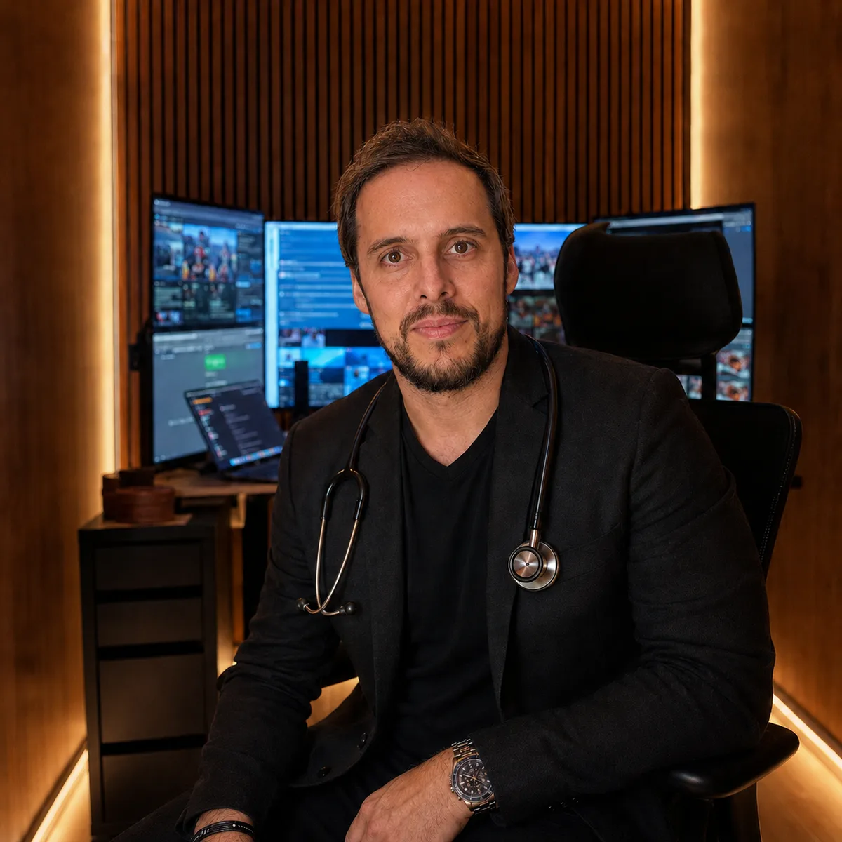 Doctor Procesos en su estudio, rodeado de pantallas y tecnología